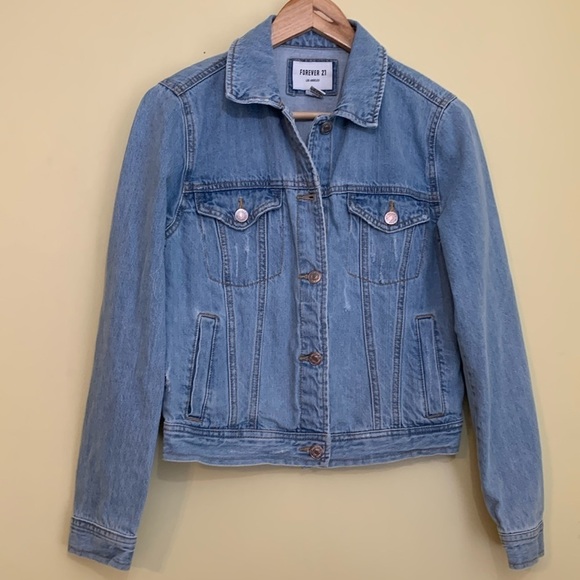 Forever 21 Jackets & Blazers - Forever 21 | Distressed Denim Blue Jean Button Down Jacket Small